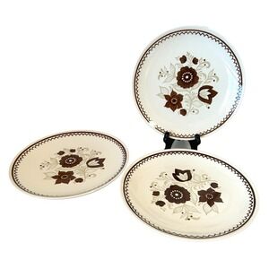 Royal China Cavalier Ironstone Nutmeg 10" Dinner Plates Set of 3 Ivory VGUC